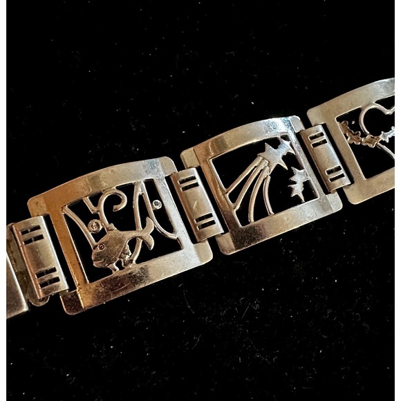 1940's Sterling Silver Picture Panel Bracelet Love Music Nature Celestrial - Picture 2 of 9